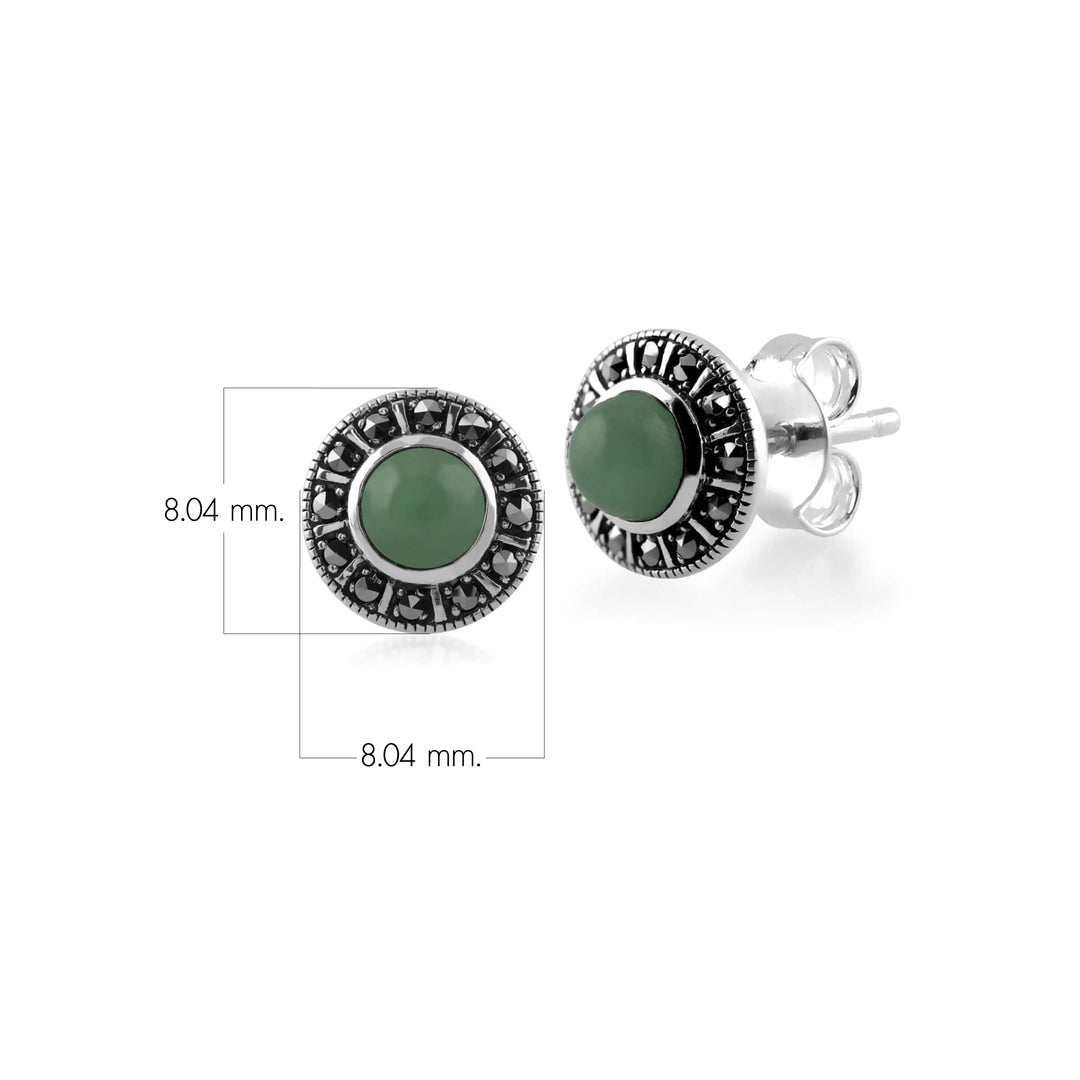 Art Deco Style Round Green Jade & Marcasite Halo Stud Earrings in 925 Sterling Silver