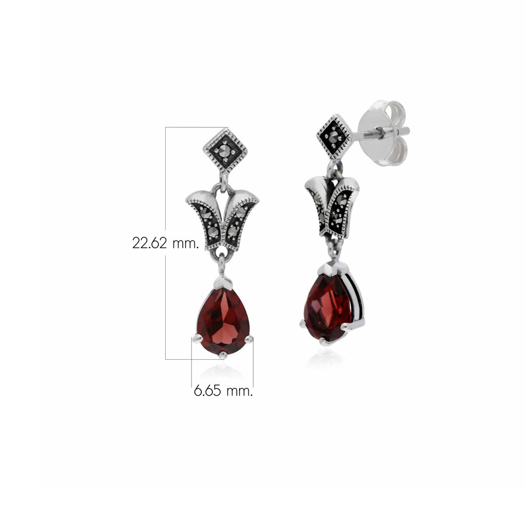 Art Nouveau Style Pear Garnet & Marcasite Drop Earrings in 925 Sterling Silver