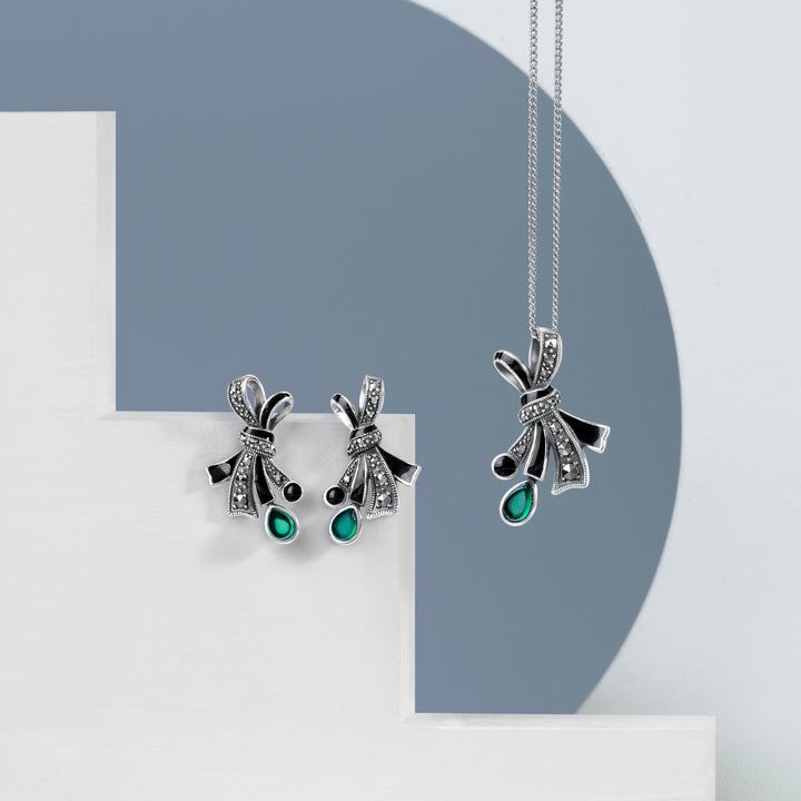 Art Nouveau Style Marcasite, Chalcedony and Black Enamel Ribbon Bow Stud Earrings in Sterling Silver