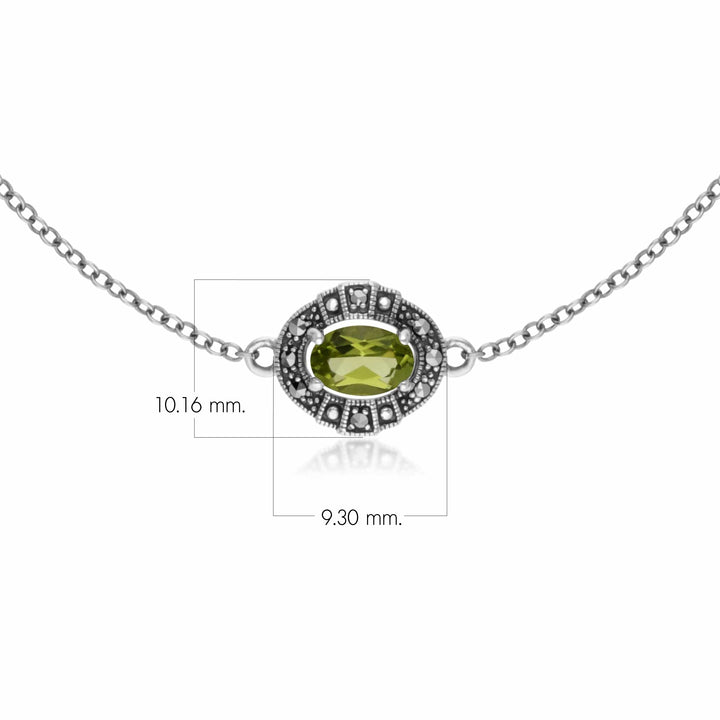 Art Deco Style Oval Peridot & Marcasite Cluster Bracelet in 925 Sterling Silver