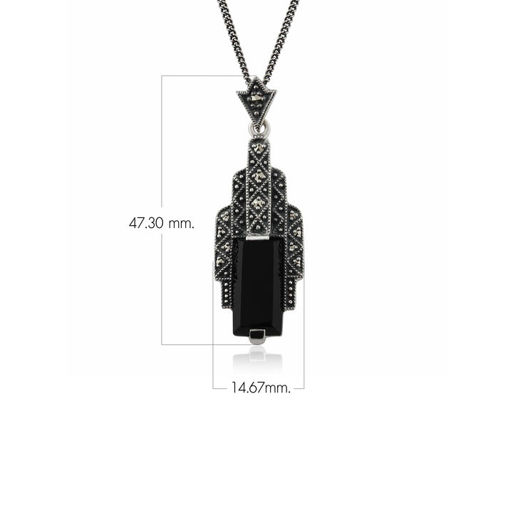 Art Deco Style Rectangle Black Onyx Cabochon & Marcasite Necklace In Sterling Silver
