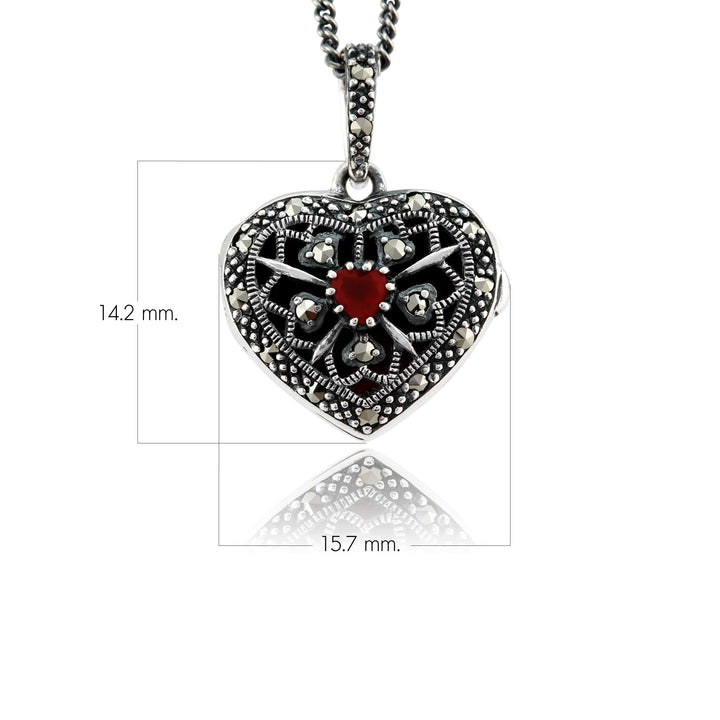 Art Nouveau Style Round Garnet & Marcasite Heart Necklace in 925 Sterling Silver