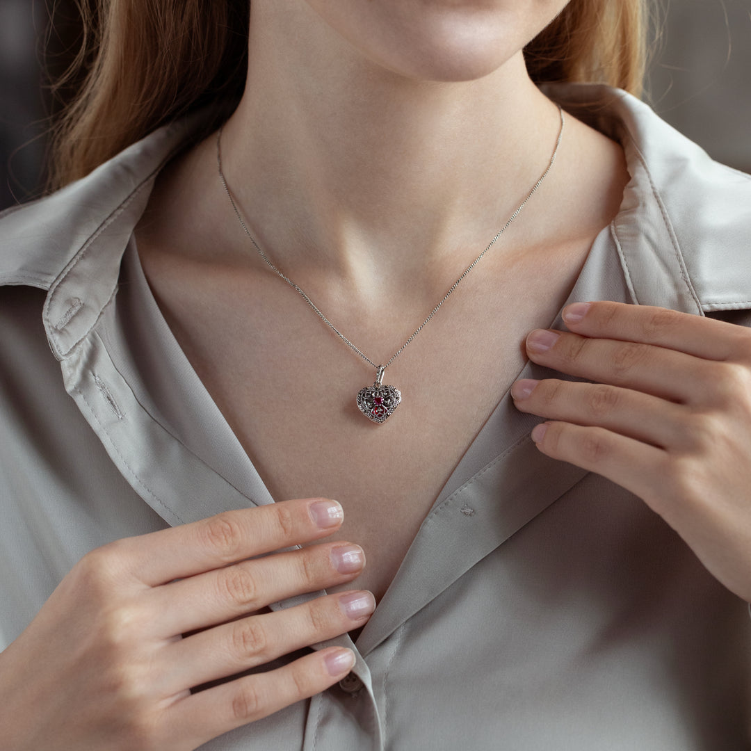 Art Nouveau Style Round Garnet & Marcasite Heart Necklace in 925 Sterling Silver