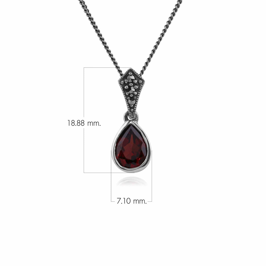 Art Deco Style Oval Pear Garnet & Marcasite Pendant in 925 Sterling Silver