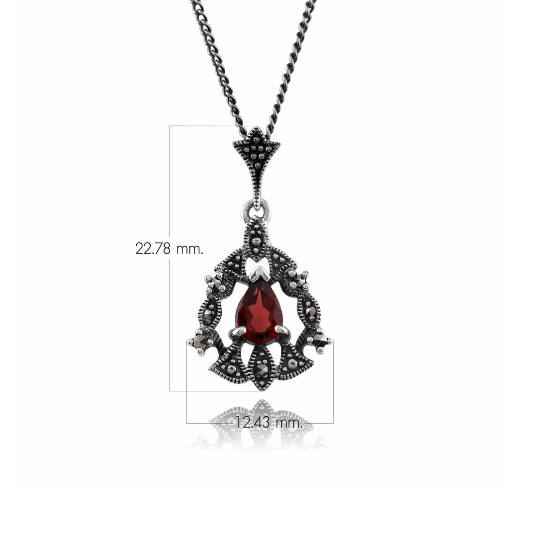 Art Nouveau Style Pear Garnet & Marcasite Garland Pendant in Silver