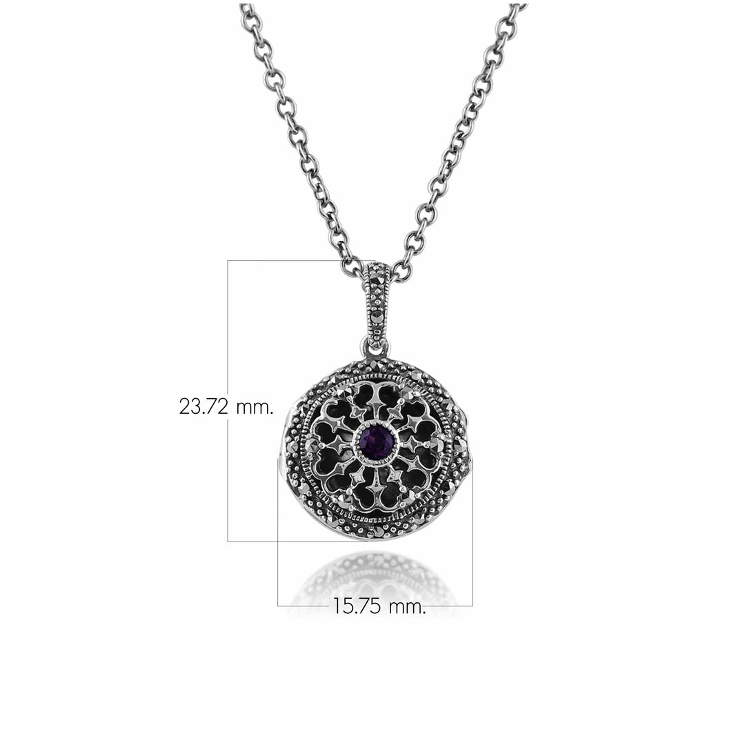 Art Nouveau Style Round Amethyst & Marcasite Locket on Chain in 925 Sterling Silver