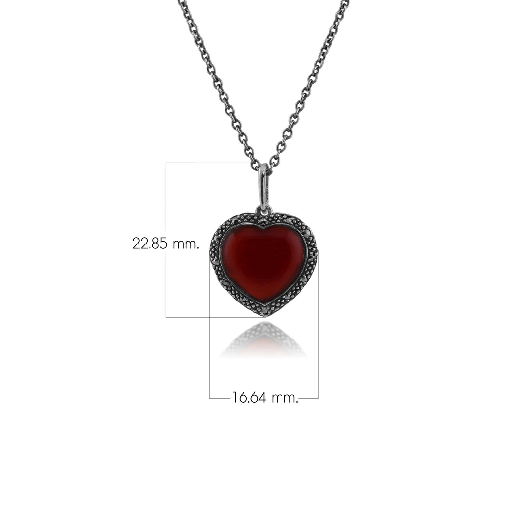 Art Deco Style Heart Carnelian & Marcasite Halo Love Heart Pendant in 925 Sterling Silver