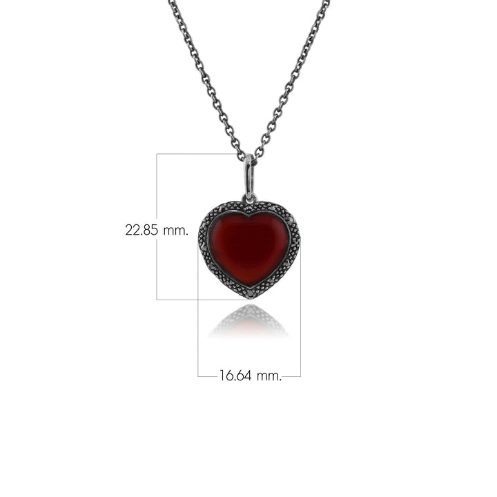 Art Deco Style Heart Carnelian & Marcasite Halo Love Heart Pendant in 925 Sterling Silver