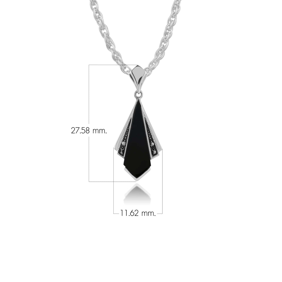 Art Deco Style Black Onyx & Marcasite Fan Drop Pendant in 925 Sterling Silver