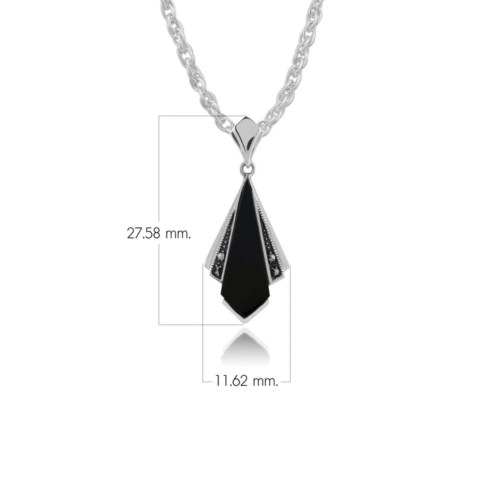 Art Deco Style Black Onyx & Marcasite Fan Drop Pendant in 925 Sterling Silver