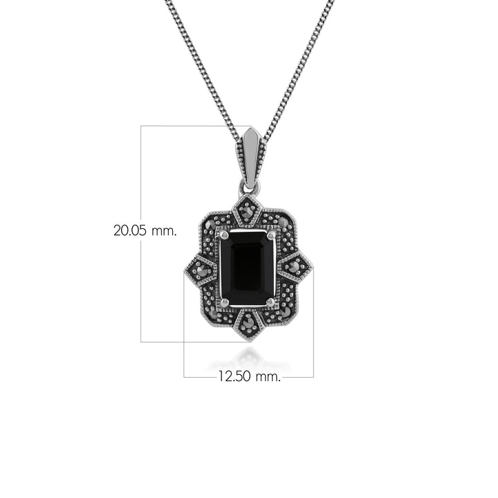 Art Deco Style Black Spinel & Marcasite Pendant in Silver