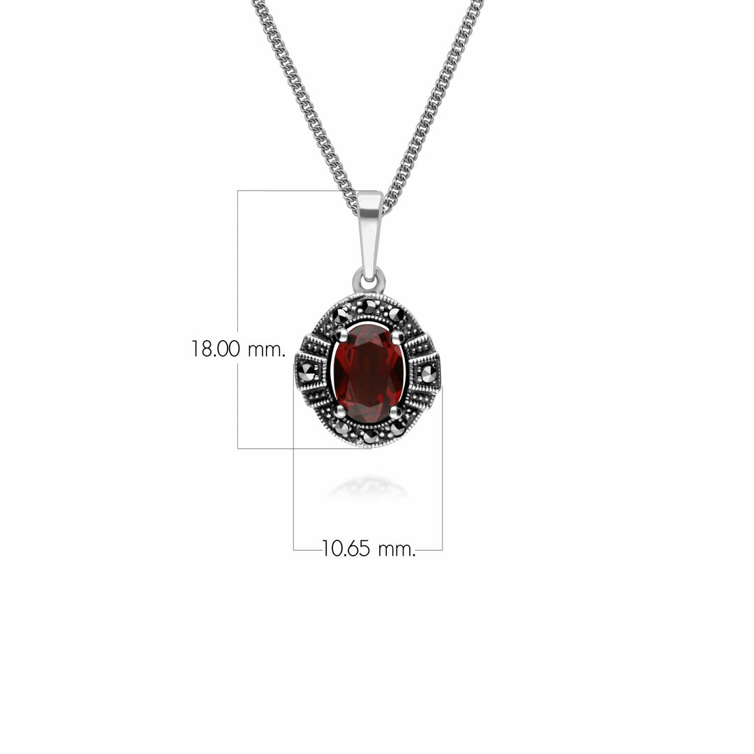 Art Deco Style Oval Garnet & Marcasite Halo Pendant in 925 Sterling Silver