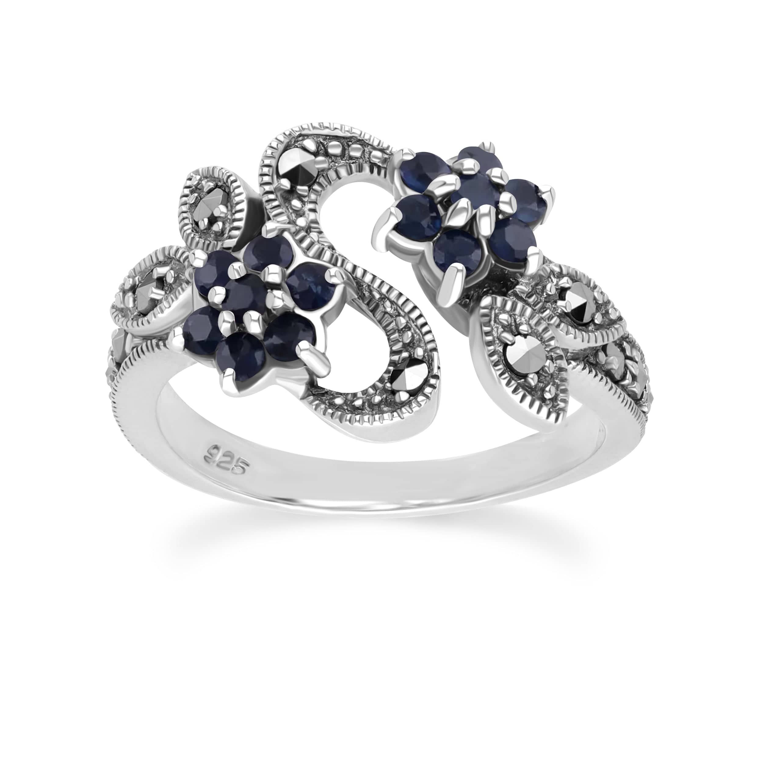 Art Nouveau Style Round Sapphire & Marcasite Flower Ring in 925 Sterling Silver
