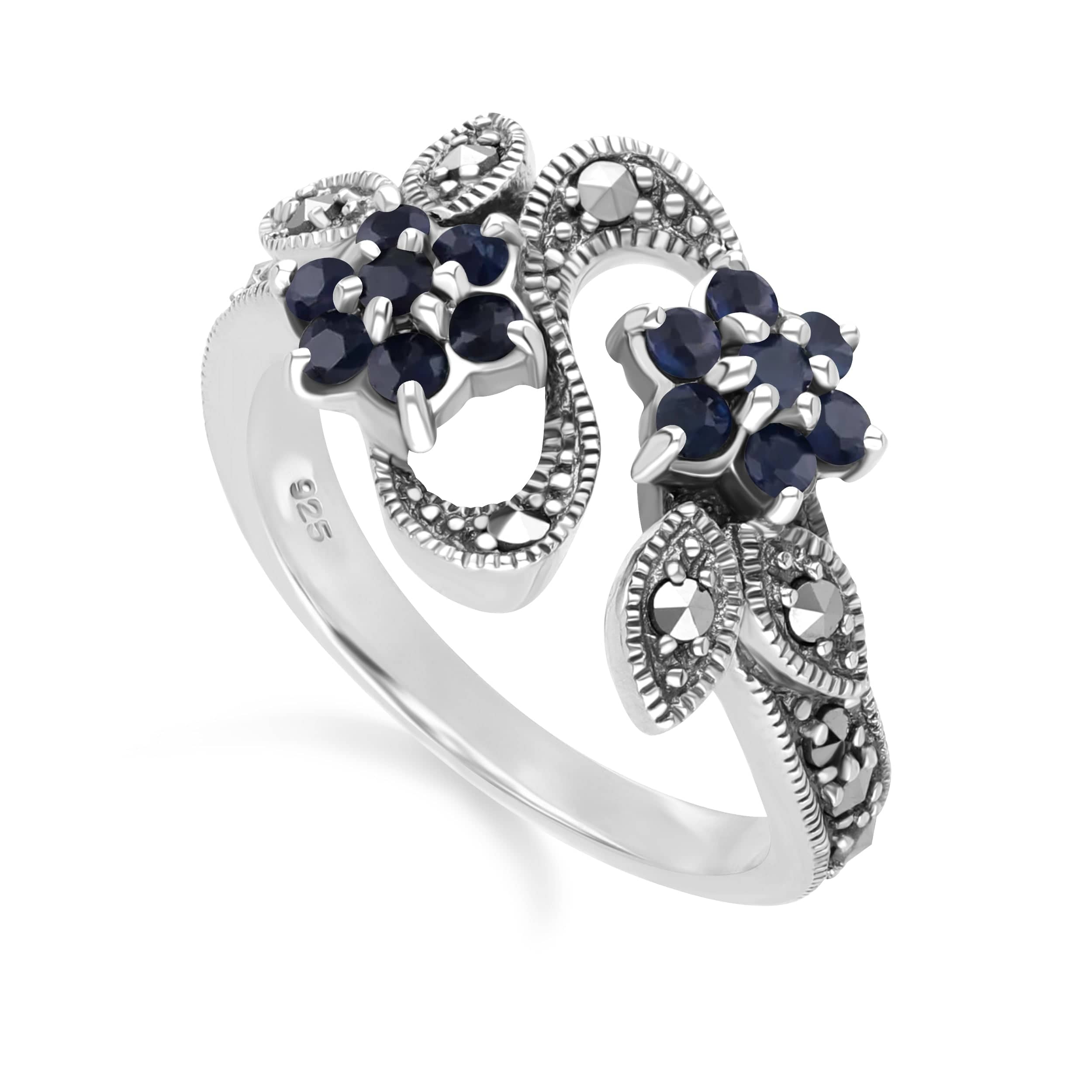 Art Nouveau Style Round Sapphire & Marcasite Flower Ring in 925 Sterling Silver