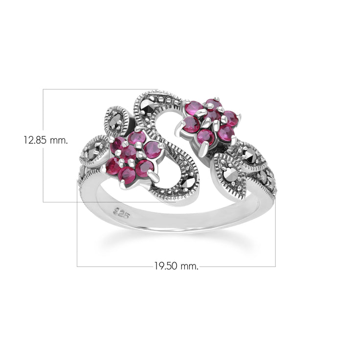 Art Nouveau Style Round Ruby & Marcasite Flower Ring in Sterling Silver