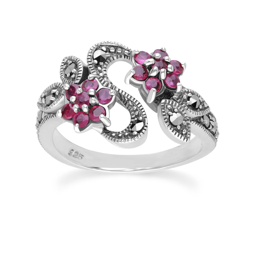 Art Nouveau Style Round Ruby & Marcasite Flower Ring Sterling