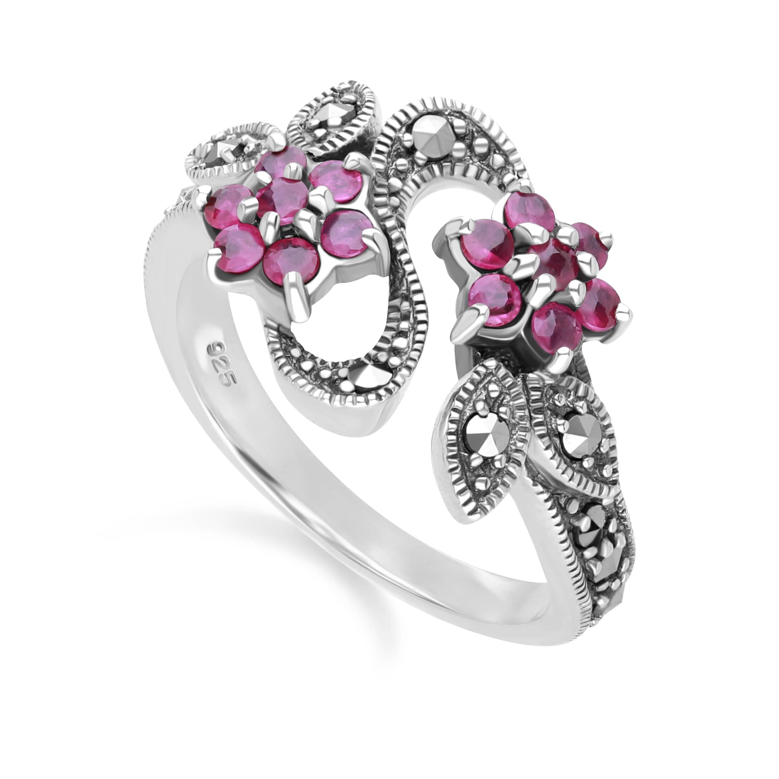 Art Nouveau Style Round Ruby & Marcasite Flower Ring in Sterling Silver