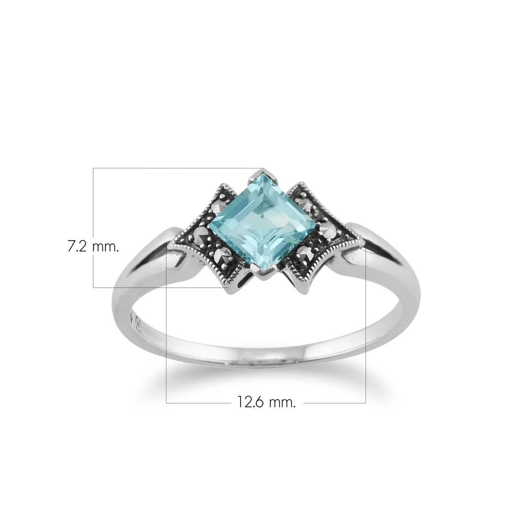 Art Deco Style Square Blue Topaz & Marcasite Ring in 925 Sterling Silver