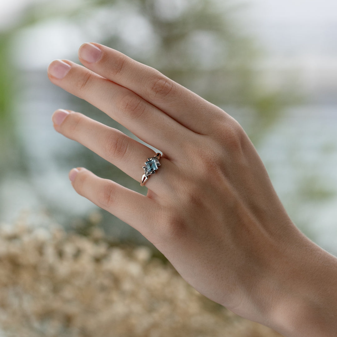 Art Deco Style Square Blue Topaz & Marcasite Ring in 925 Sterling Silver