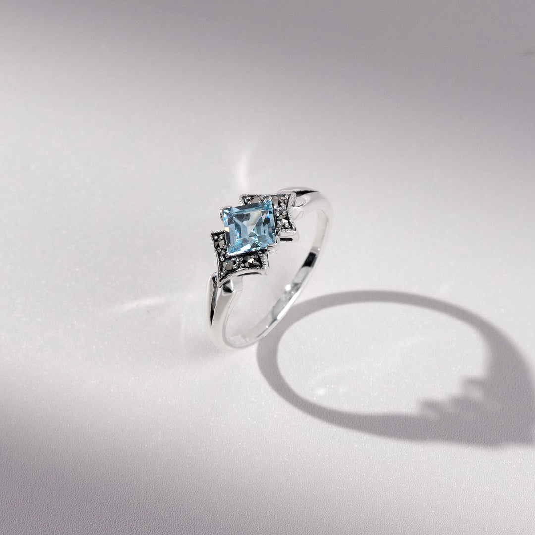 Art Deco Style Square Blue Topaz & Marcasite Ring in 925 Sterling Silver