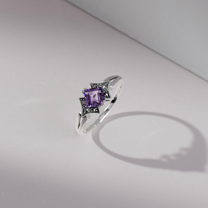 Art Deco Style Square Amethyst & Marcasite Ring in 925 Sterling Silver