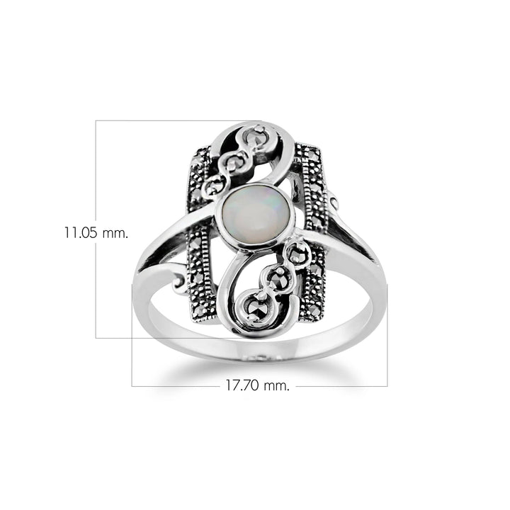 Art Nouveau Style Round Opal & Marcasite Spiral Frame Silver Ring