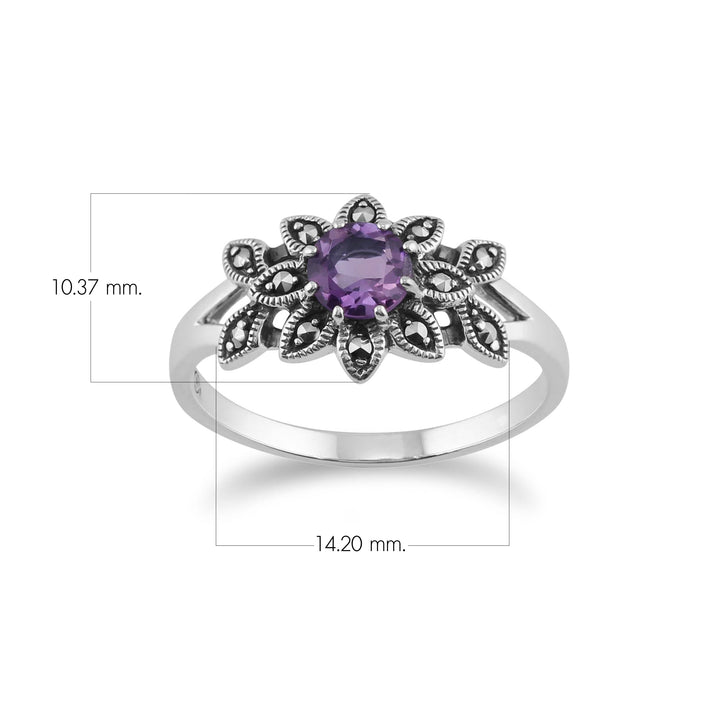 Art Nouveau Style Round Amethyst & Marcasite Floral Ring in 925 Sterling Silver