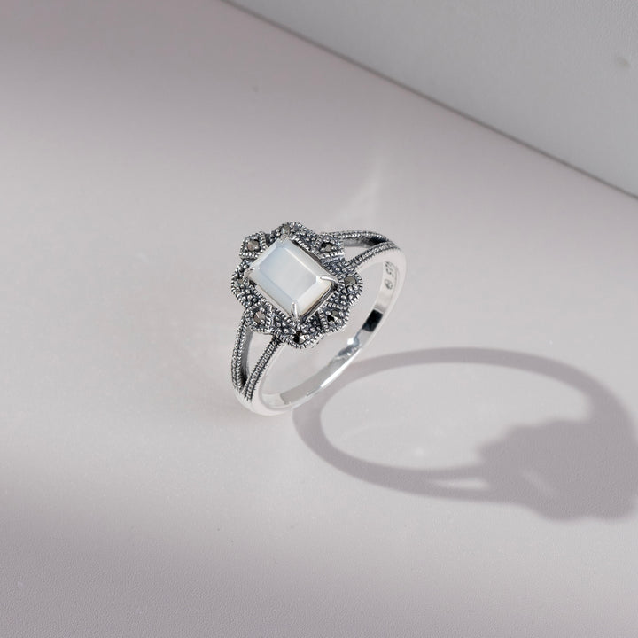 Art Deco Style Baguette Mother of Pearl & Marcasite Ring in 925 Sterling Silver