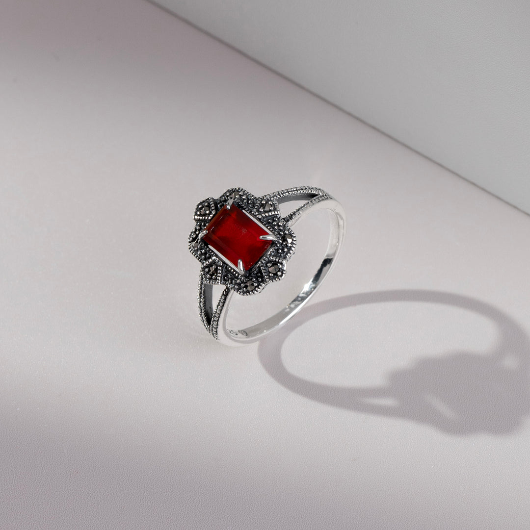 Art Deco Style Baguette Carnelian & Marcasite Ring in 925 Sterling Silver