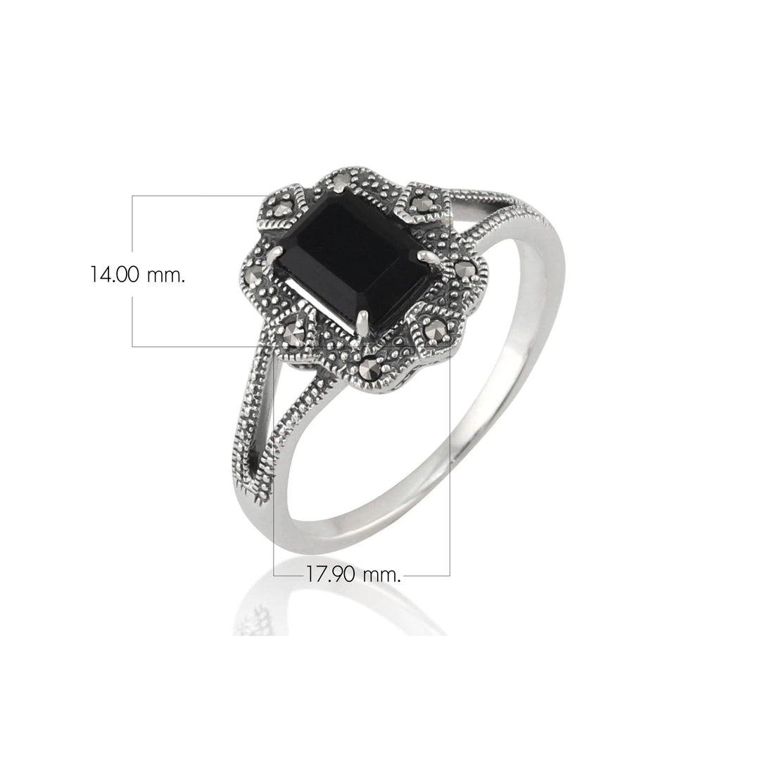 Art Deco Style Baguette Black Spinel & Marcasite Ring in Silver