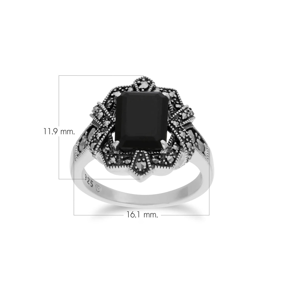 Art Deco Style Baguette Black Onyx & Marcasite Ring in 925 Sterling Silver