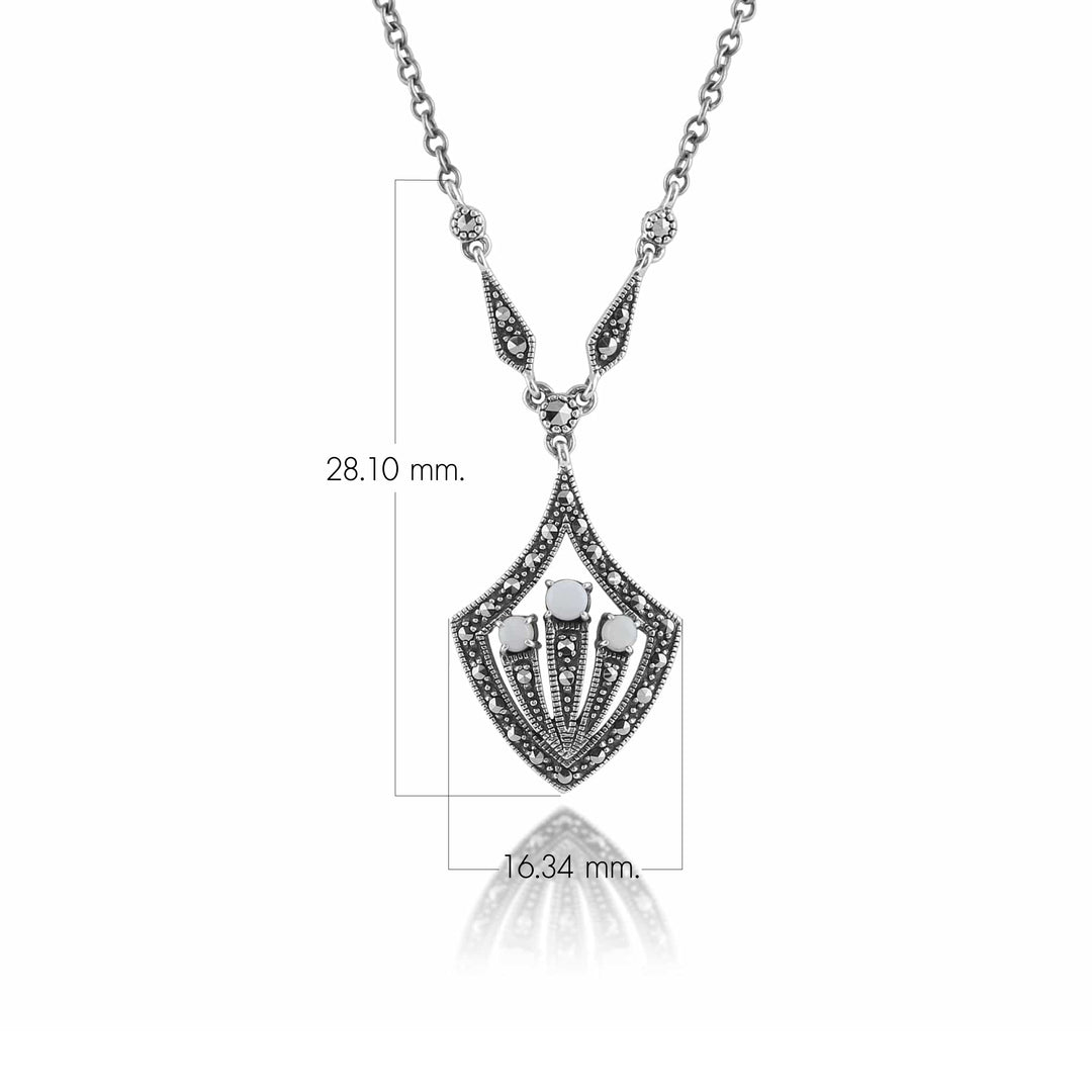 Art Deco Style Round Opal Cabochon & Marcasite Necklace in Silver