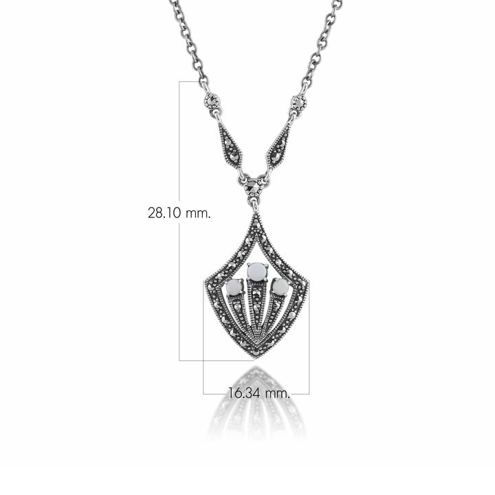 Art Deco Style Round Opal Cabochon & Marcasite Necklace in Silver