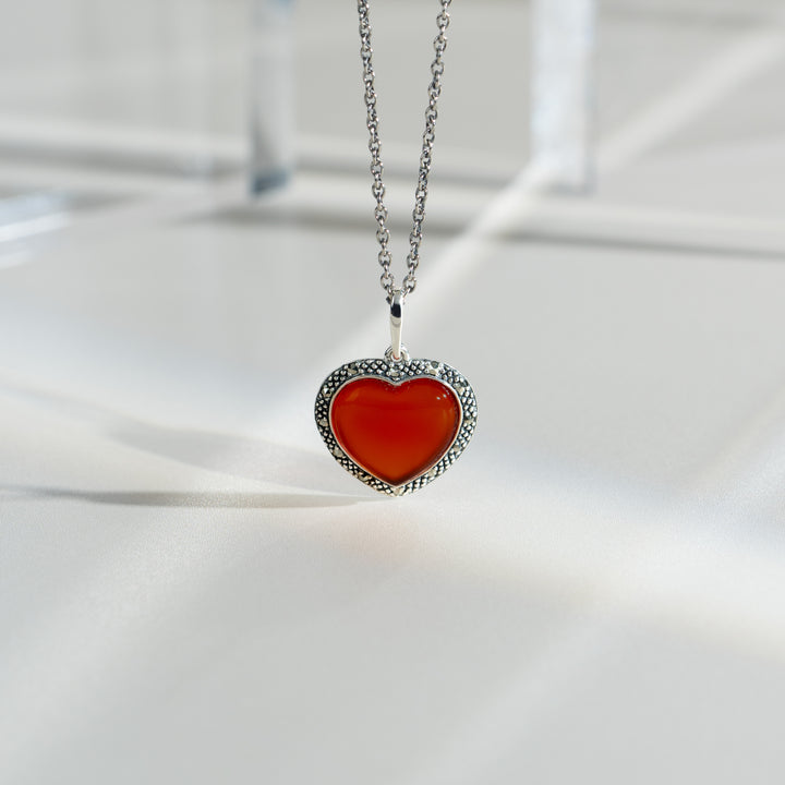 Art Deco Style Heart Carnelian & Marcasite Halo Love Heart Pendant in 925 Sterling Silver
