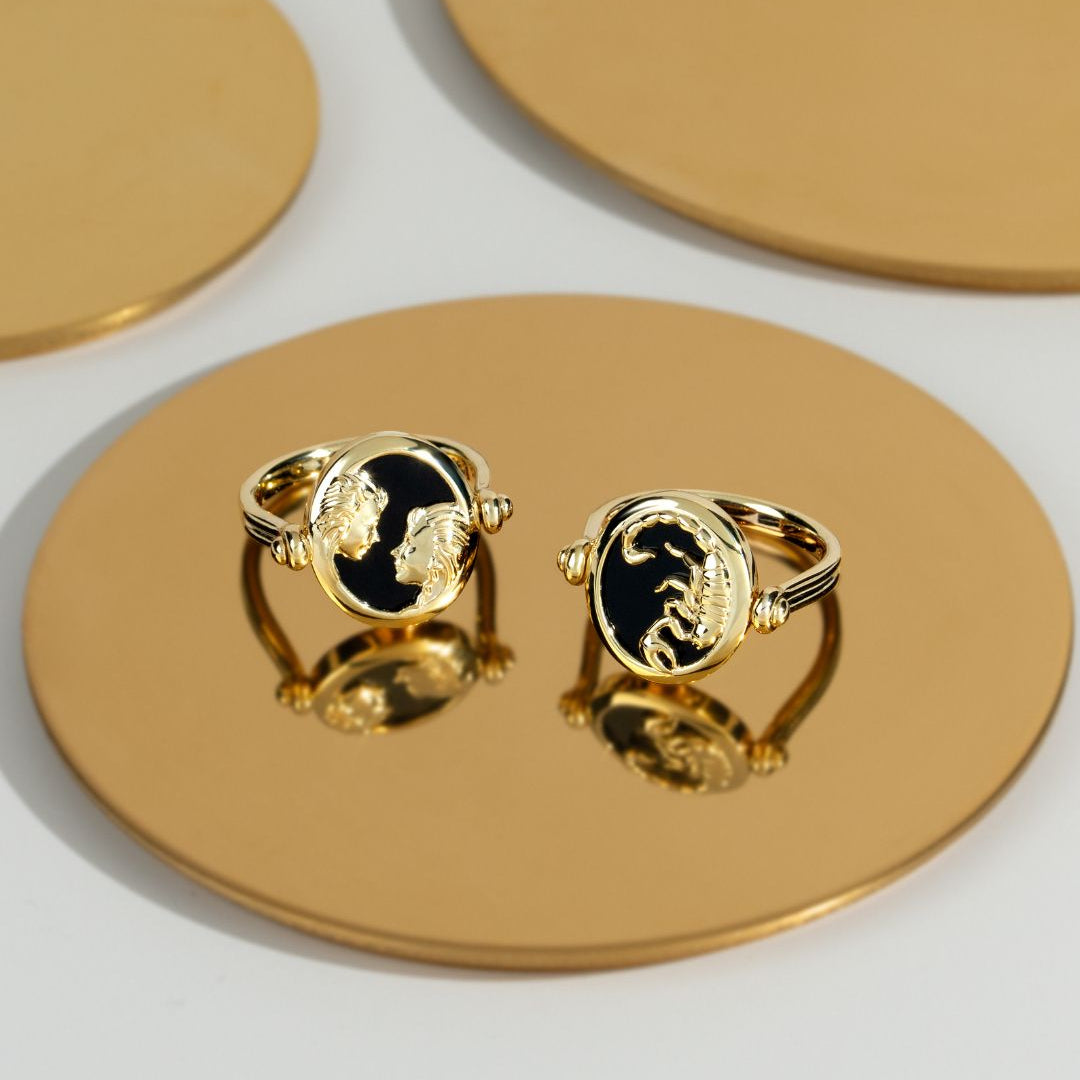 Zodiac Black Onyx Gemini Flip Ring in 18ct Gold Plated Silver