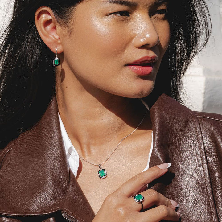 Grand Deco Black Enamel, Green Chalcedony & Topaz Drop Earrings in Sterling Silver