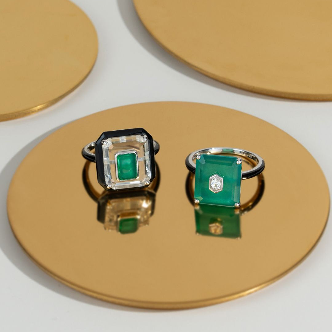 Grand Deco Rock Crystal, Chalcedony & Enamel Statement Ring In Sterling Silver