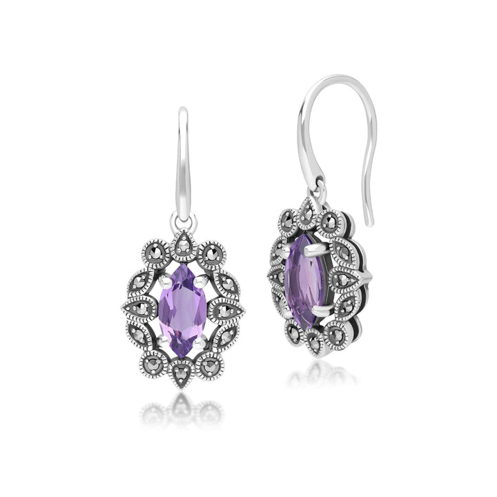 Art Deco Style Marquise Amethyst & Marcasite Drop Earrings in Sterling Silver