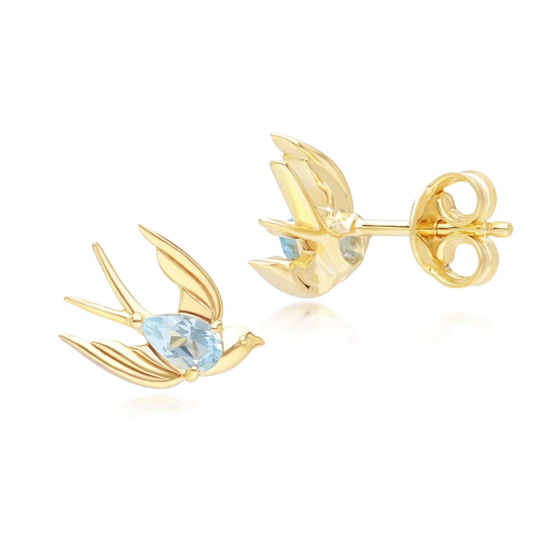 253E435204925 ECFEW™ Creator Blue Topaz Hummingbird Stud Earrings in Gold Plated Sterling Silver Side