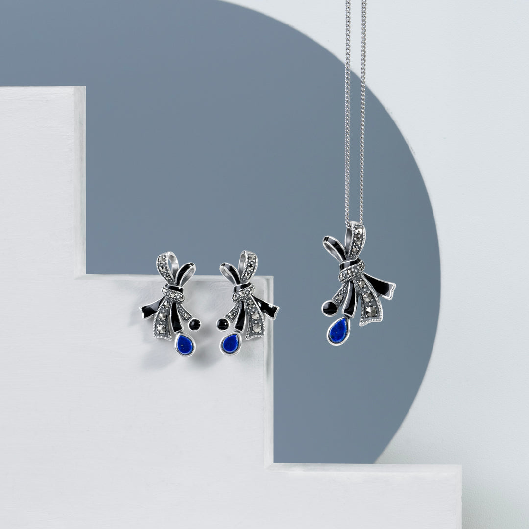 Art Nouveau Style Marcasite, Lapis Lazuli and Black Enamel Ribbon Bow Stud Earrings in Sterling Silver