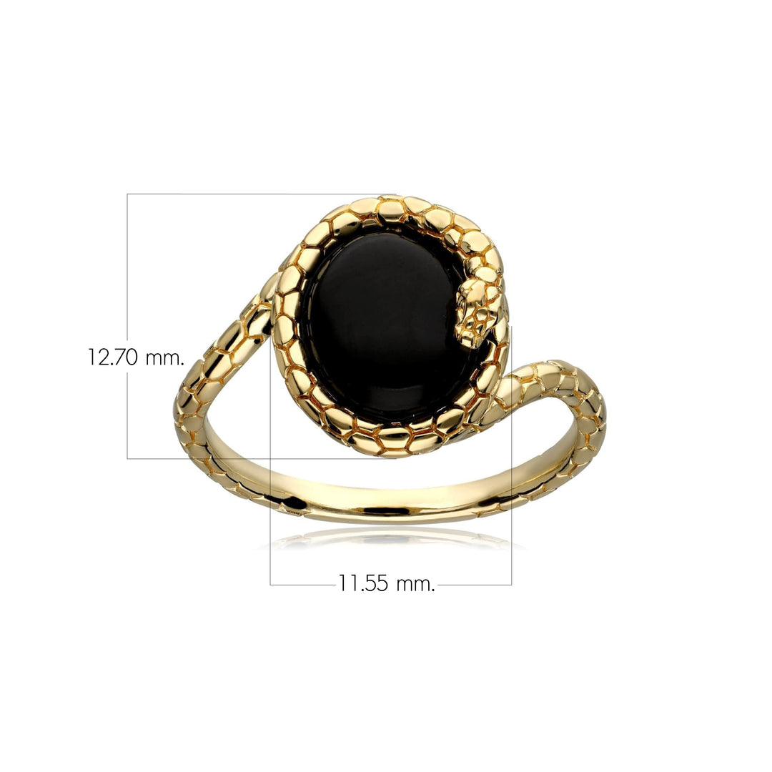 ECFEW™ Onyx Winding Snake Ring In Gold Plated Sterling Silver