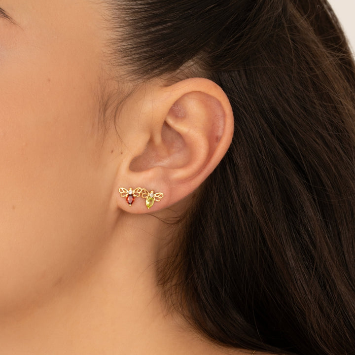 Honeycomb Art Nouveau Pear Shape Garnet and Diamond Bee Stud Earrings in 9ct Yellow Gold