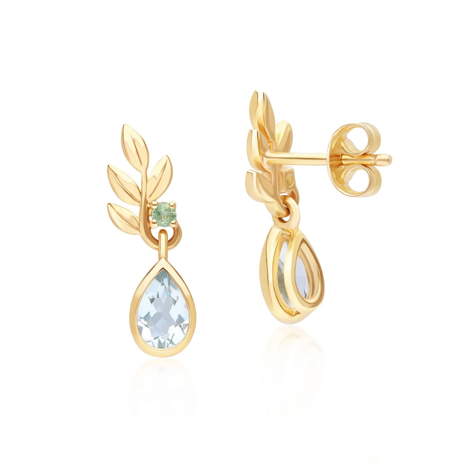 135E1858019 O Leaf Sky Blue topaz & Tsavorite Drop Earrings In 9ct Yellow Gold Side