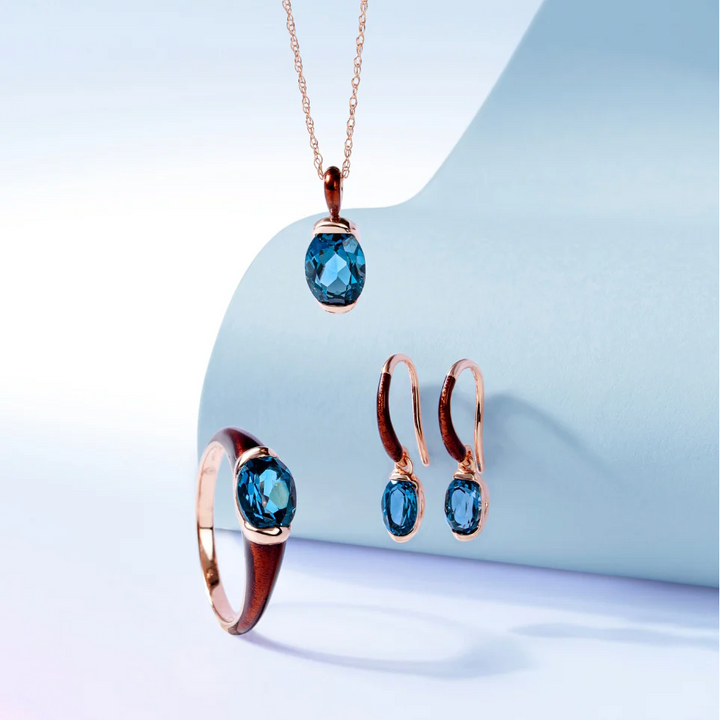 Siberian waltz Oval london blue topaz with brown enamelled half-bezel pendant necklace in rose gold vermeil sterling silver