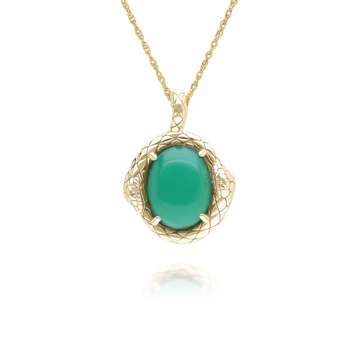 ECFEW Oval dyed green chalcedony snake two-headed coiled bezel-set cabochon pendant necklace in gold vermeil sterling silver
