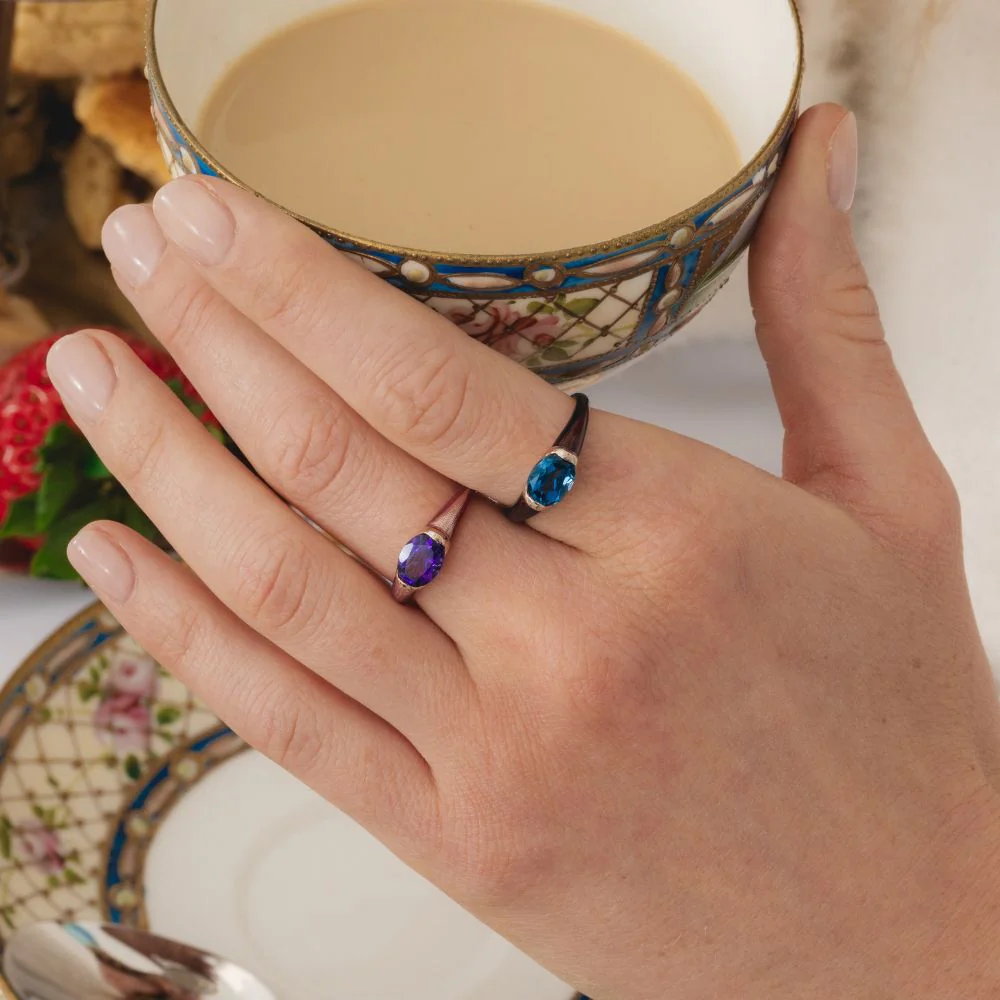 Siberian waltz Oval london blue topaz with brown enamelled half-bezel ring in rose gold vermeil sterling silver