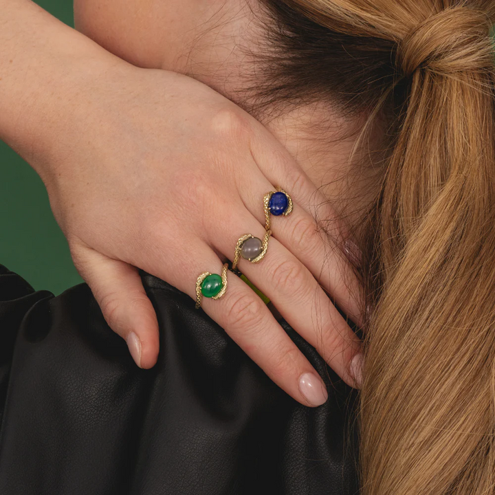 ECFEW Oval Lapis Lazuli by pass snake set cabochon ring in gold vermeil sterling silver