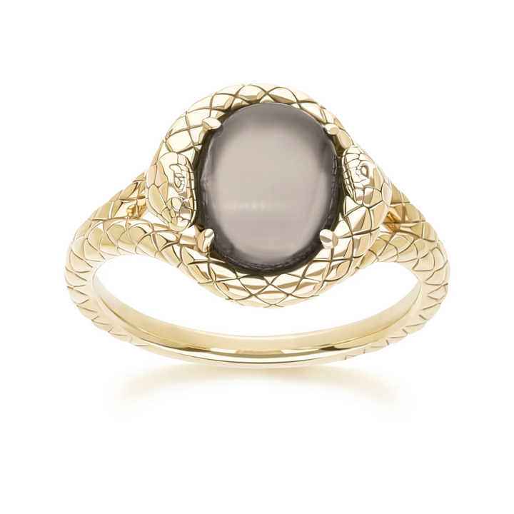 ECFEW Oval Black Moonstone snake two-headed coiled bezel-set cabochon ring in gold vermeil sterling silver