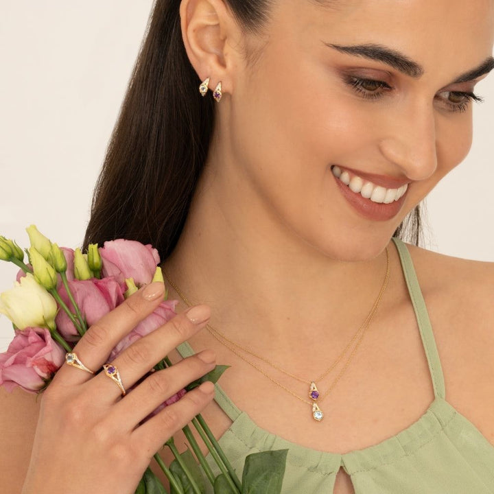 Geometric Hexagon with Prong set Round Garnet and Diamond Pendant Necklace in 9ct Yellow Gold