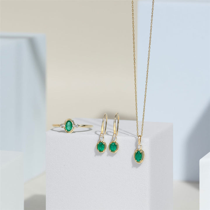 Classic Oval Emerald & Round Diamond Drop Earrings In 9ct Yellow Gold